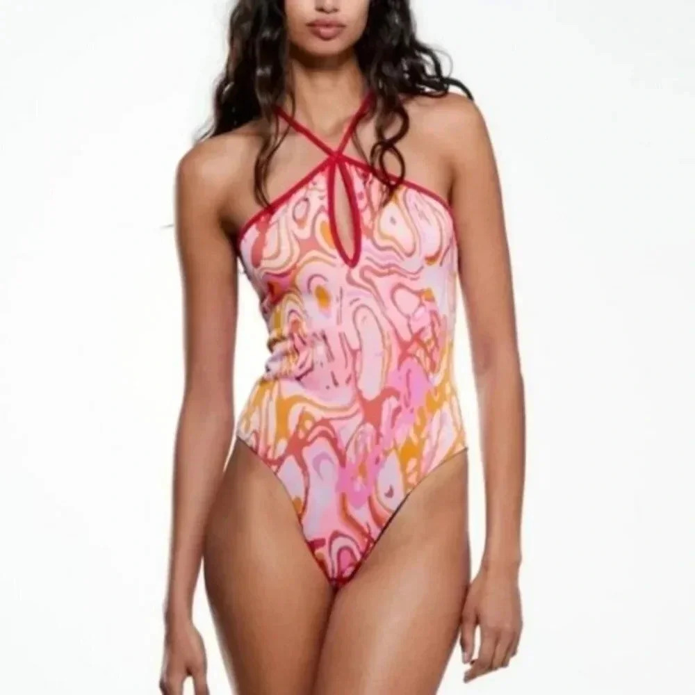 Zara jacquard bodysuit pink orange purple abstract print small NWOT